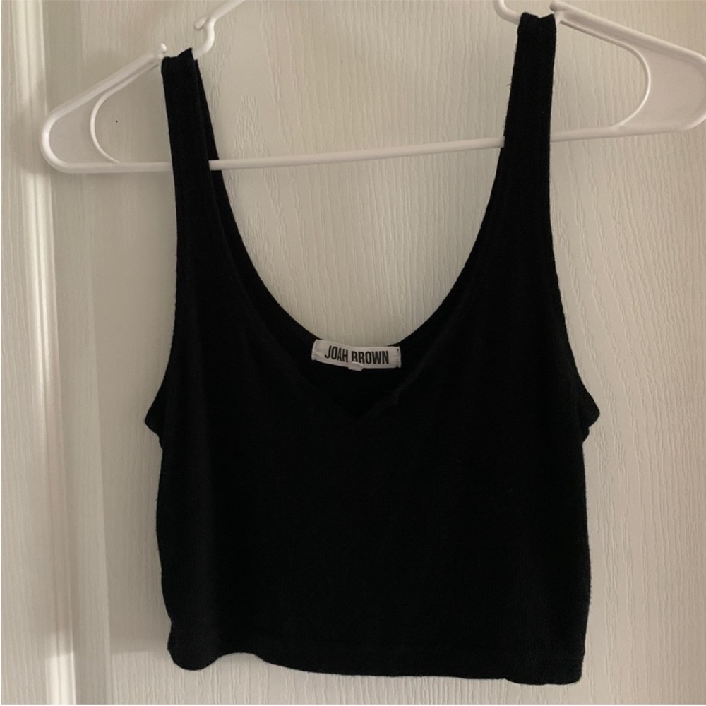 Women’s S/M JOAH BROWN Black Ribbed Notched V-Neck Cropped Tank Top